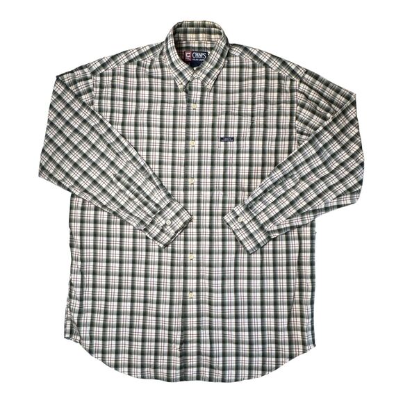 VTG Chaps Ralph Lauren Plaid Button Down Shirt Men's Large Tan Green Cream Brown - Picture 10 of 11